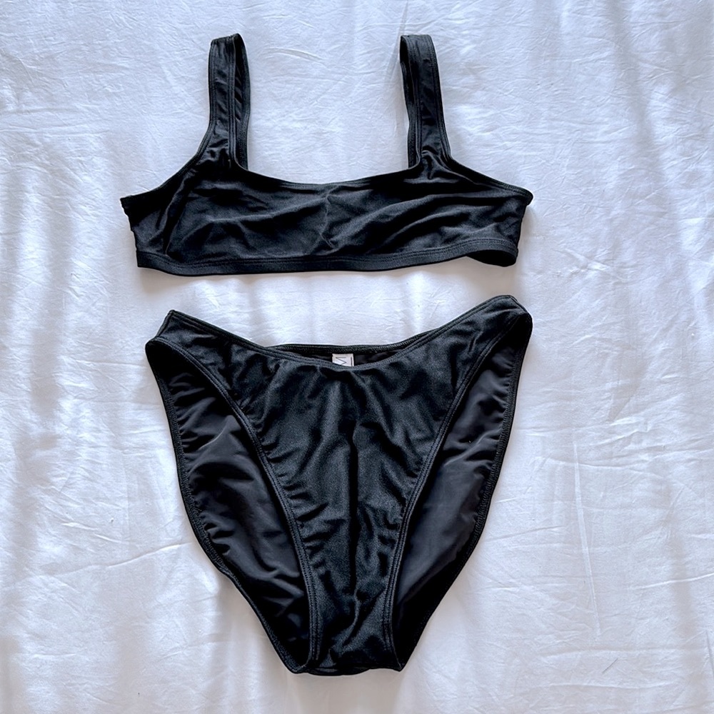 Los Angeles Apparel Black Square Neck Top & High Waist High Cut Bottom Bikini